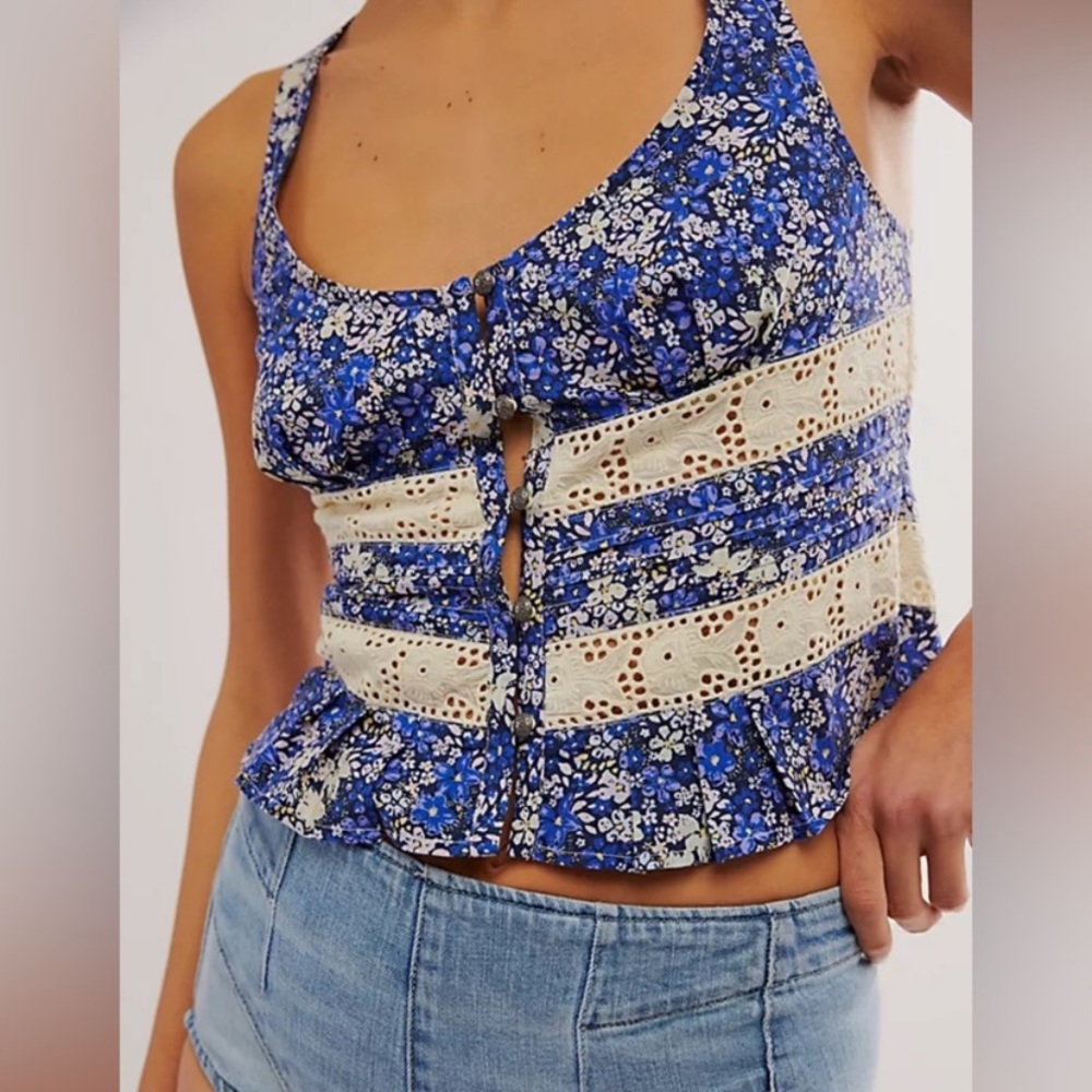 Free People Blue Floral Lace Top